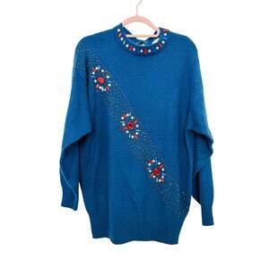 Rina Z Sweater Womens Large Blue Vintage Wool Blend Embellished Beaded‎ Pullover